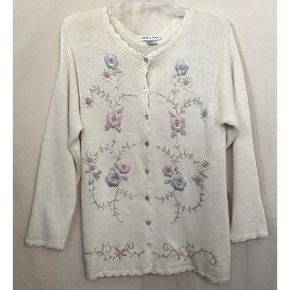 Chelsea Way Cream Floral Embroidered Knit Cardigan M Easter Granny Cottage Vtg‎